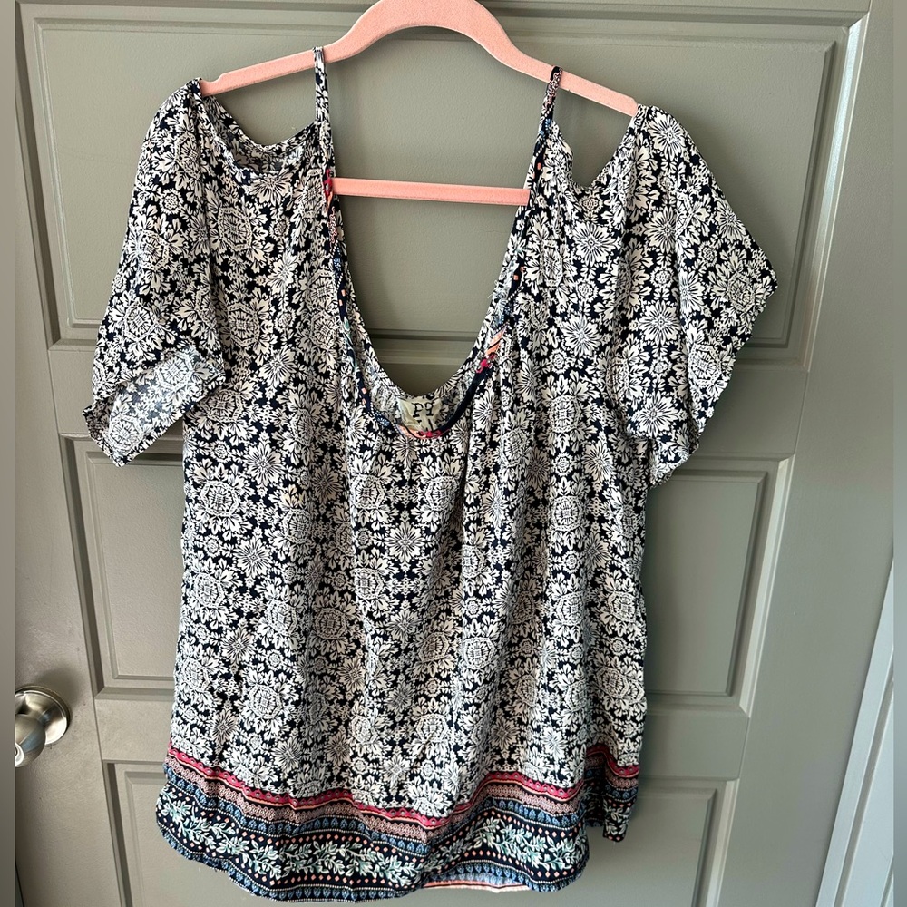 Navy and White Cold Shoulder Top